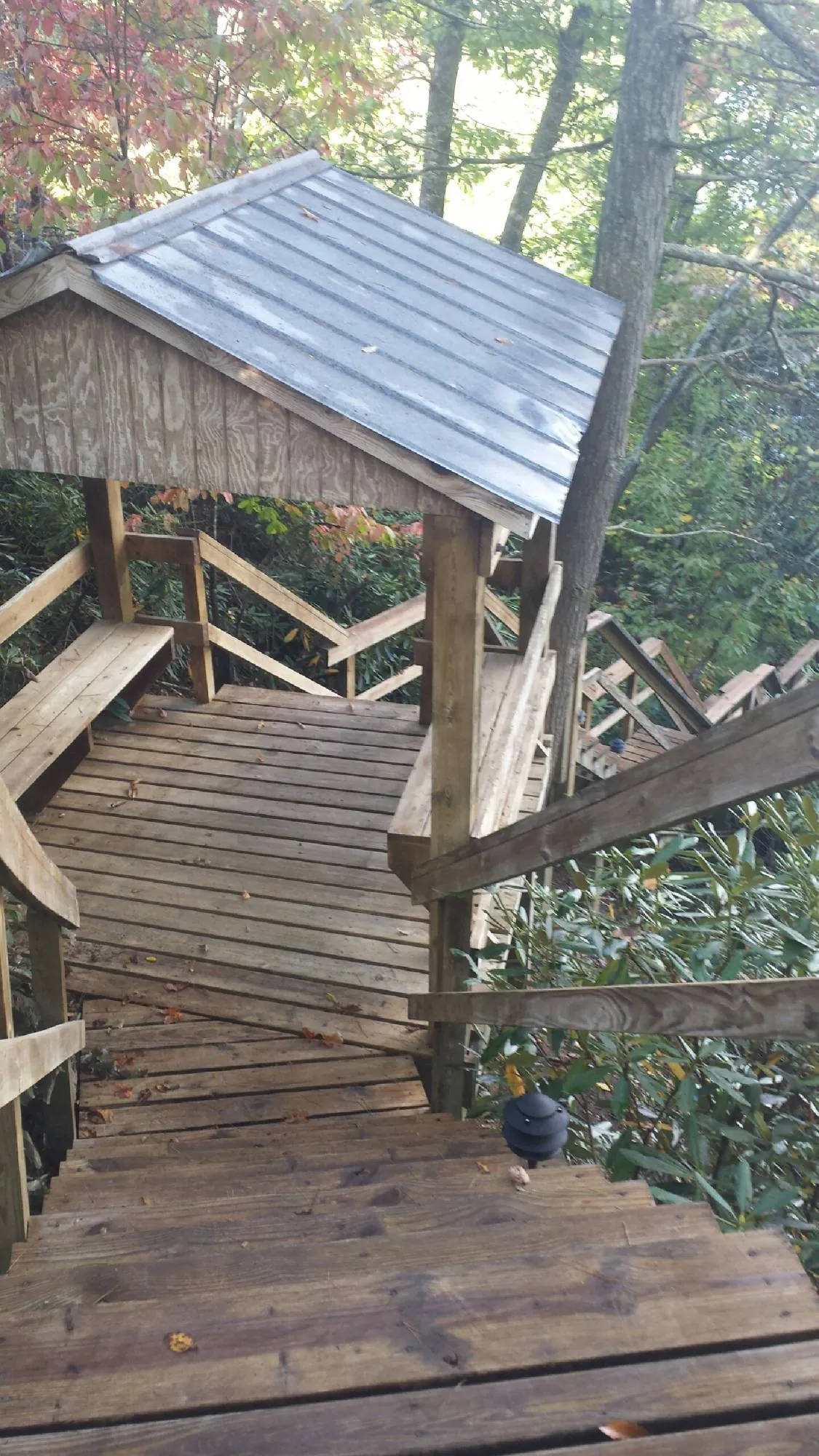 Metal roofed shelter over wooden steps on a wooded walkway — Skylight Repair & Installation work by our crew in Cartwright